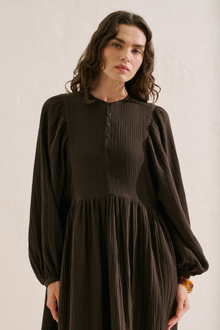 Muslin Voluminous Maxi Dress Dark Brown