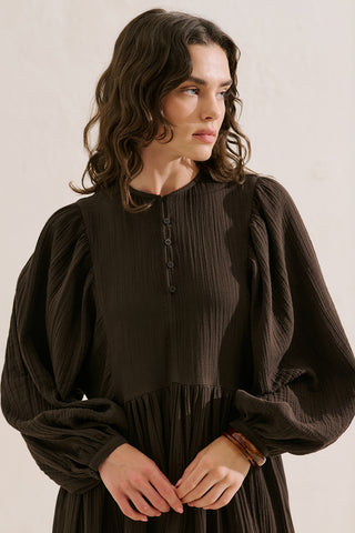 Muslin Voluminous Maxi Dress Dark Brown