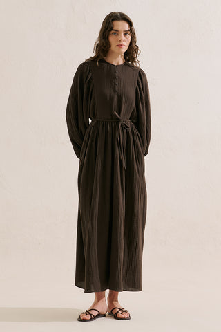 Muslin Voluminous Maxi Dress Dark Brown