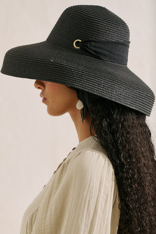 Tie Detail Straw Hat Black