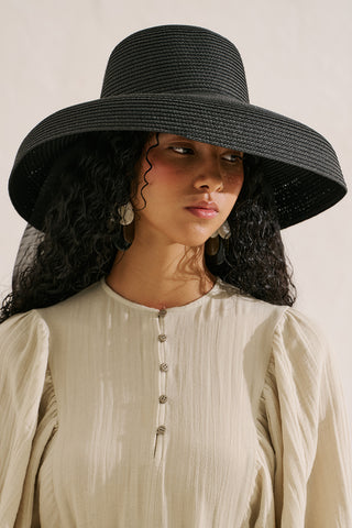 Tie Detail Straw Hat Black