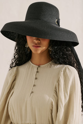 Tie Detail Straw Hat Black