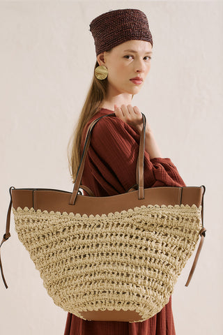 Tessa Straw Bag With Leather Handles Beige