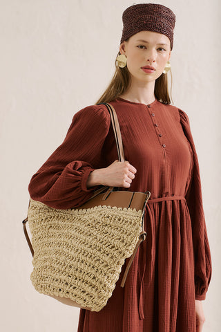 Tessa Straw Bag With Leather Handles Beige