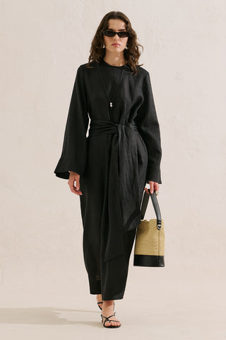 Linen Dress With Wide Belt Black
