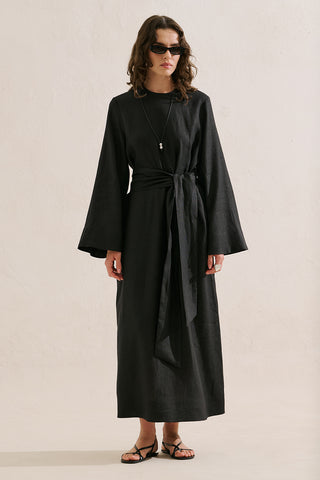 Linen Dress With Wide Belt Black