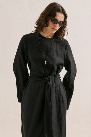 Linen Dress With Wide Belt Black