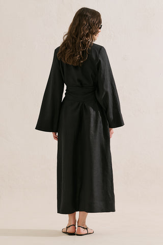 Linen Dress With Wide Belt Black