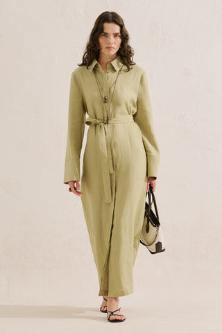 Linen Belted Shirt Dress Sand
