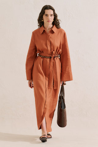 Linen Belted Shirt Dress Cinnamon
