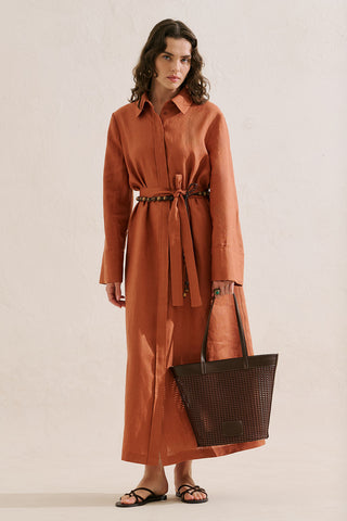 Linen Belted Shirt Dress Cinnamon