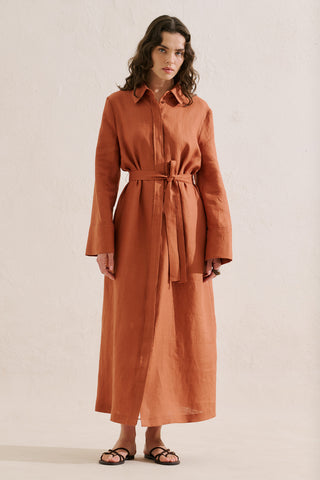 Linen Belted Shirt Dress Cinnamon
