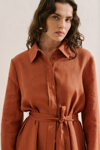 Linen Belted Shirt Dress Cinnamon