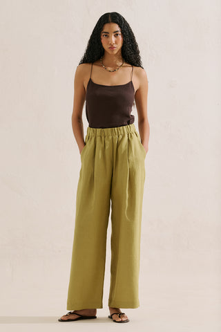 Wide-Leg Linen Trousers Olive Green