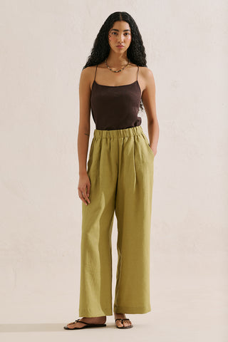 Wide-Leg Linen Trousers Olive Green