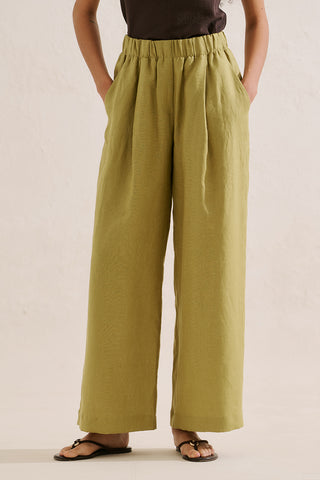 Wide-Leg Linen Trousers Olive Green