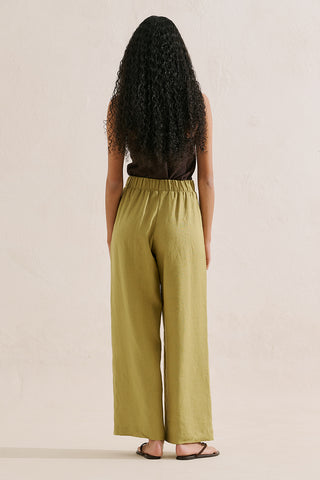Wide-Leg Linen Trousers Olive Green