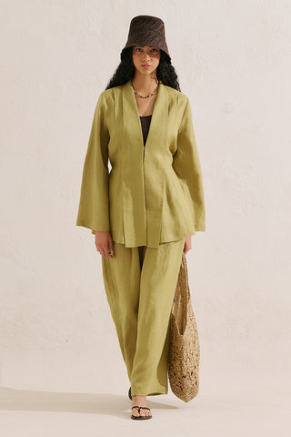 Pleated Linen Kimono Jacket Olive Green