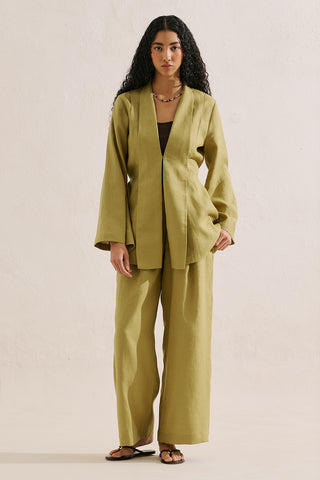 Pleated Linen Kimono Jacket Olive Green