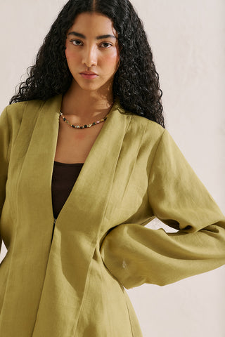 Pleated Linen Kimono Jacket Olive Green