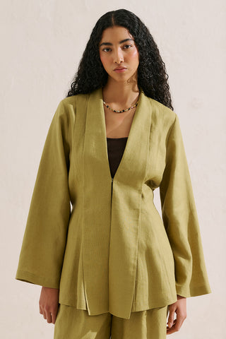 Pleated Linen Kimono Jacket Olive Green