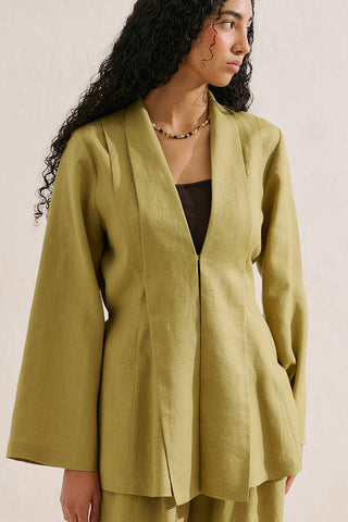 Pleated Linen Kimono Jacket Olive Green