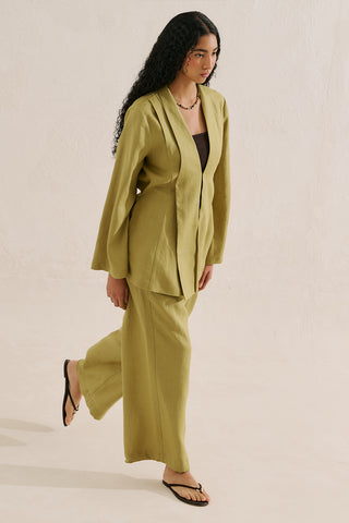 Pleated Linen Kimono Jacket Olive Green