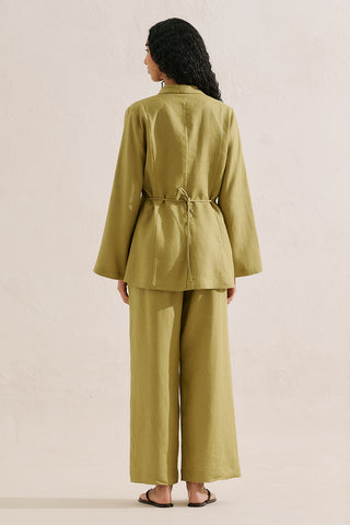 Pleated Linen Kimono Jacket Olive Green