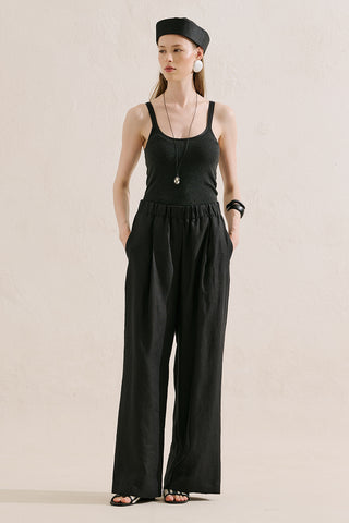 Wide-Leg Linen Trousers Black