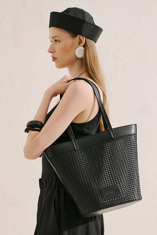 Ira Woven Leather Bucket Bag Black