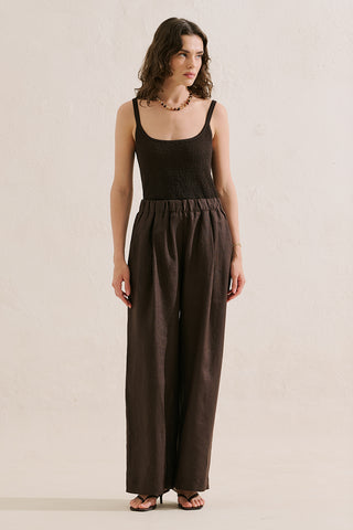 Wide-Leg Linen Trousers Dark Brown