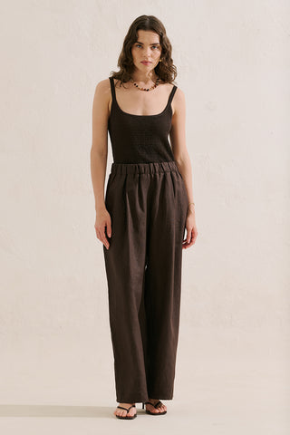 Wide-Leg Linen Trousers Dark Brown