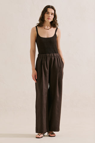 Wide-Leg Linen Trousers Dark Brown