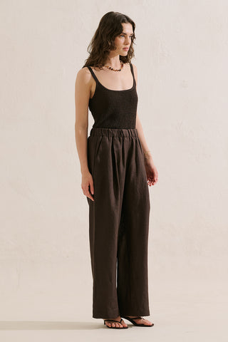 Wide-Leg Linen Trousers Dark Brown