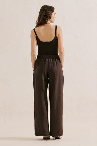 Wide-Leg Linen Trousers Dark Brown