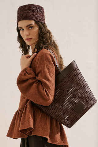 Ira Woven Leather Bucket Bag Brown