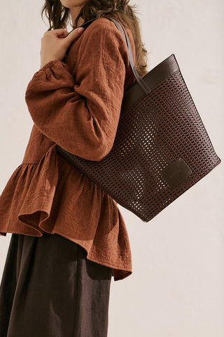Ira Woven Leather Bucket Bag Brown
