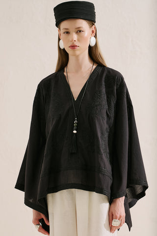 Premium Embroidered Cape Blouse Black
