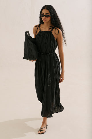 Pleated Linen Dress Black