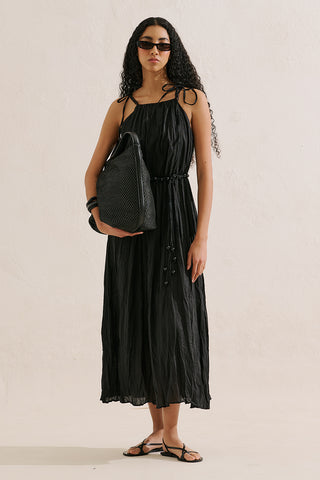 Pleated Linen Dress Black