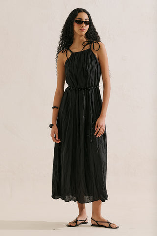 Pleated Linen Dress Black