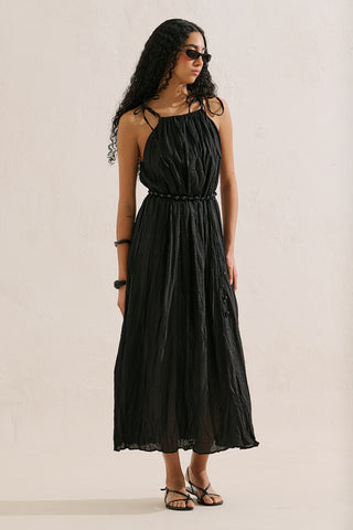 Pleated Linen Dress Black
