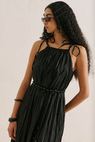 Pleated Linen Dress Black
