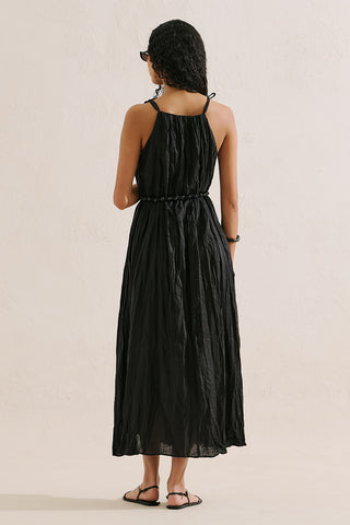 Pleated Linen Dress Black