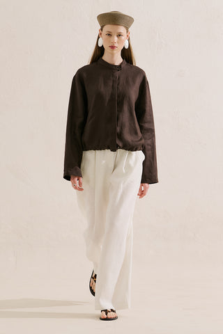 Linen Bomber Style Shirt Dark Brown