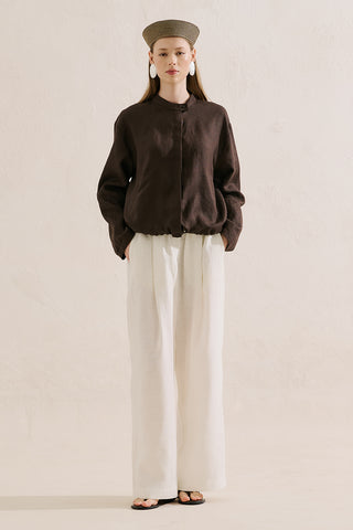 Linen Bomber Style Shirt Dark Brown