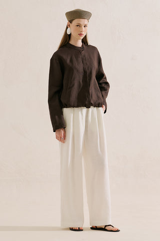 Linen Bomber Style Shirt Dark Brown