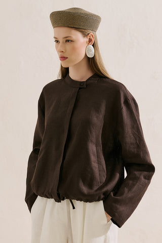 Linen Bomber Style Shirt Dark Brown
