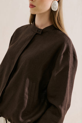Linen Bomber Style Shirt Dark Brown