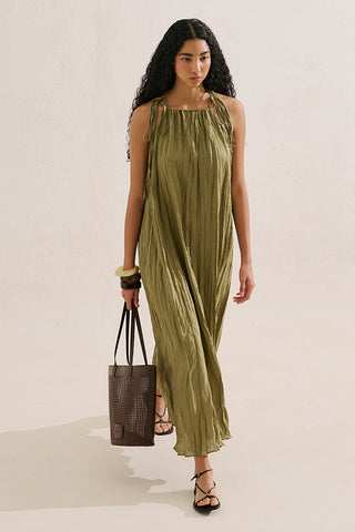 Pleated Linen Dress Green